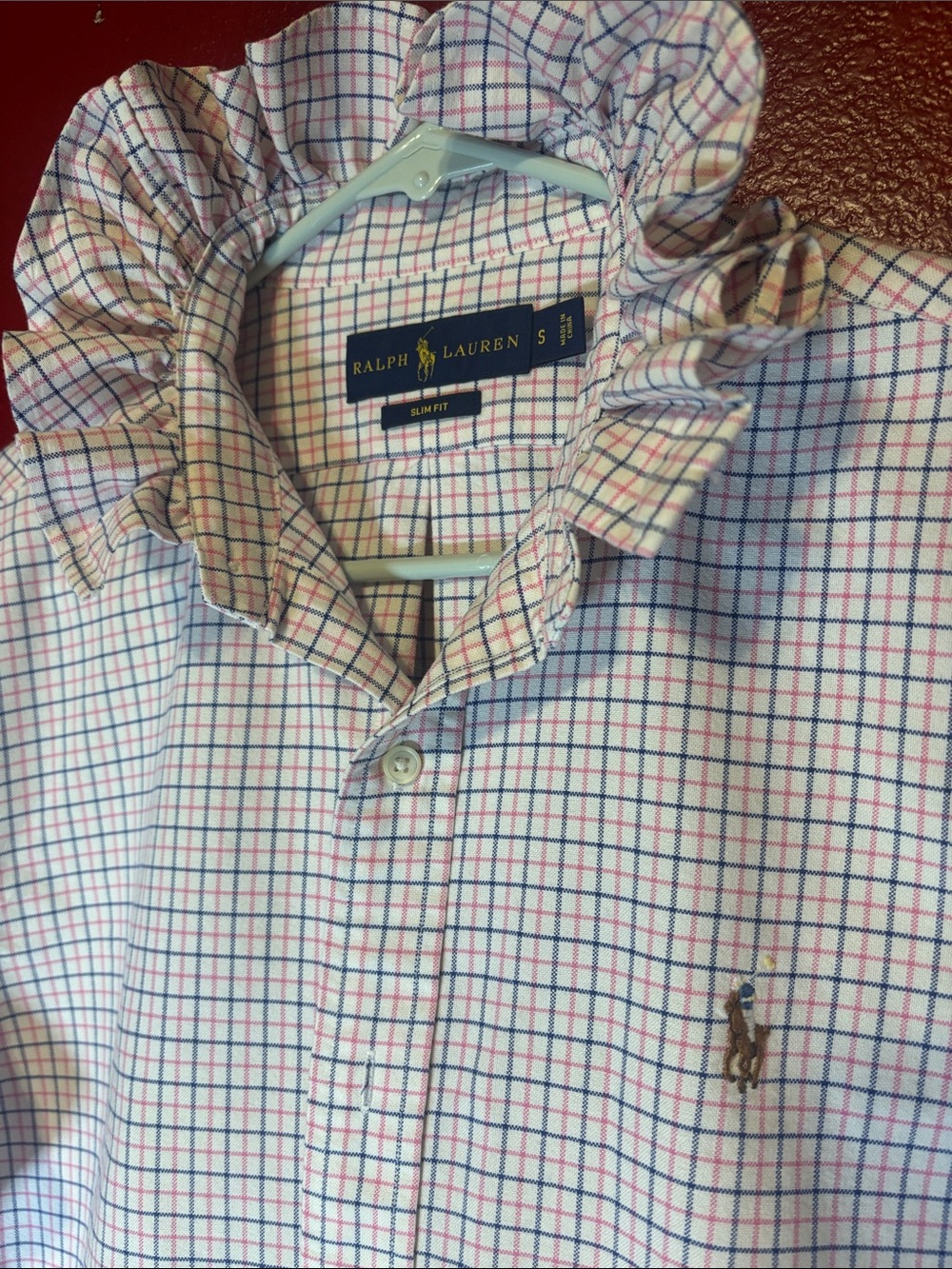 Upcycled/Reloved Ralph Lauren Ruffled Collar Shirt with Blue/Pink Plaid